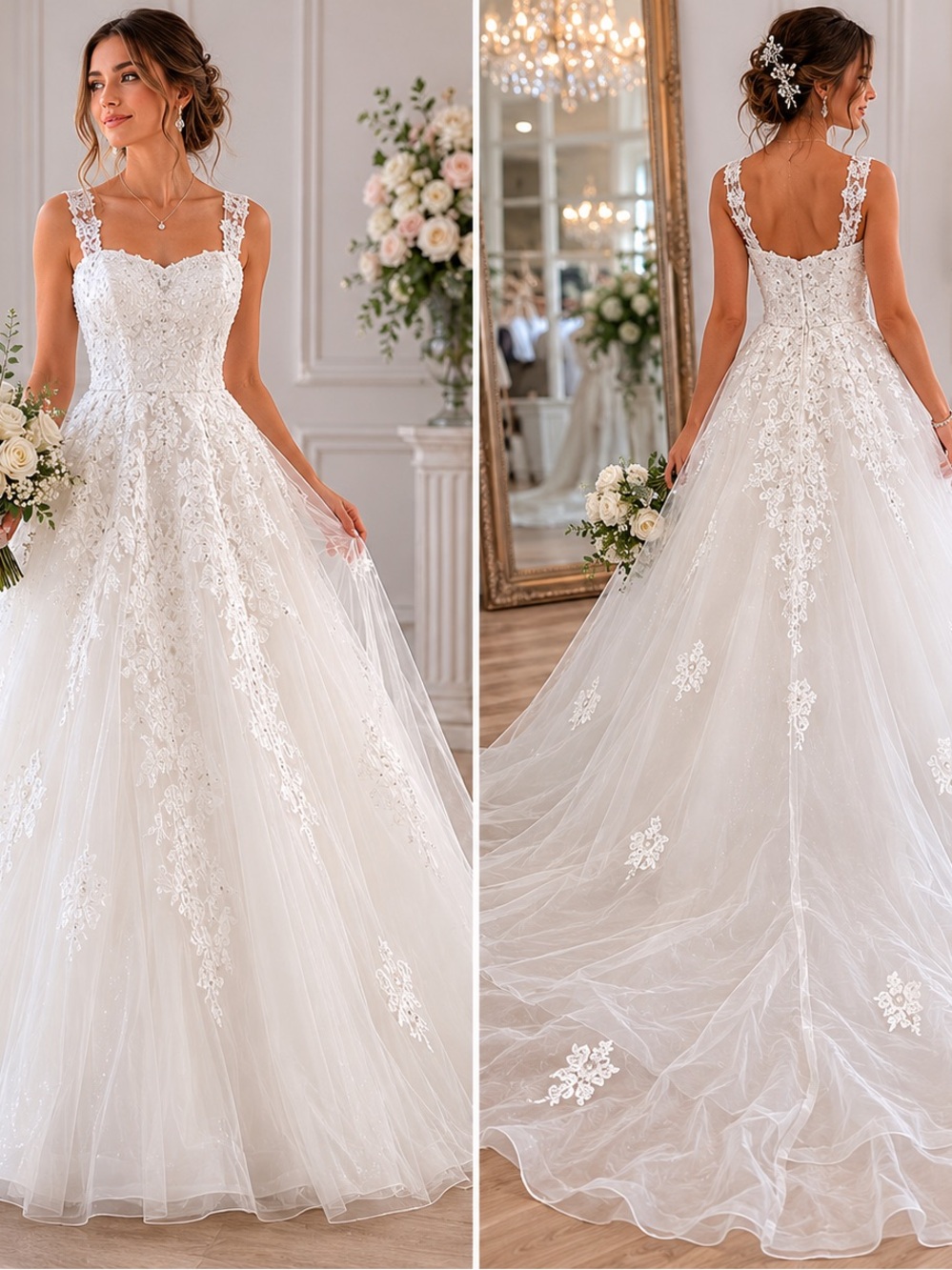 Lace Appliqué Tulle Ball Gown Wedding Dress in White